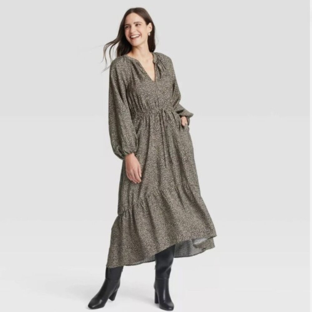 NWOT A New Day Women's Balloon Long Sleeve Tiered Midi Dress Brown Leopard Print